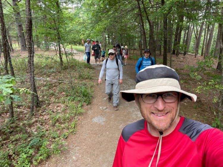 Boysen (upfront) and the fully vaccinated Department celebrates their first group hike in the spring of 2021. 