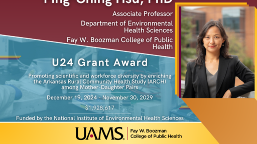 Award poster image shows Dr. Hsu along with the following text: Associate Professor Department of Environmental Health Sciences Fay W. Boozman College of Public Health U24 Grant Award December 19, 2024 - November 30, 2029 Promoting scientific and workforce diversity by enriching the Arkansas Rural Community Health Study (ARCH) among Mother-Daughter Pairs $1,928,617 Funded by the National Institute of Environmental Health Sciences