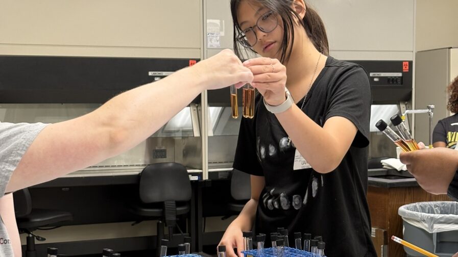 A female looks closely at two test tubes she is holding and compares it against a test tube held by someone off camera.